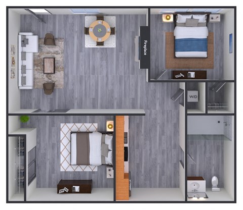 Floor plan for 2 beds, 1 bath, 702 sqft